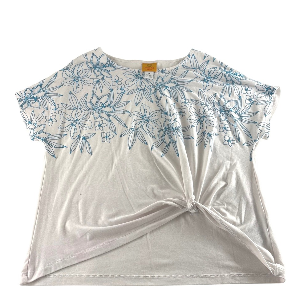 Ruby Rd Petite PM White Blue Floral‎ Knot Front Short Sleeve Knit Top Tee